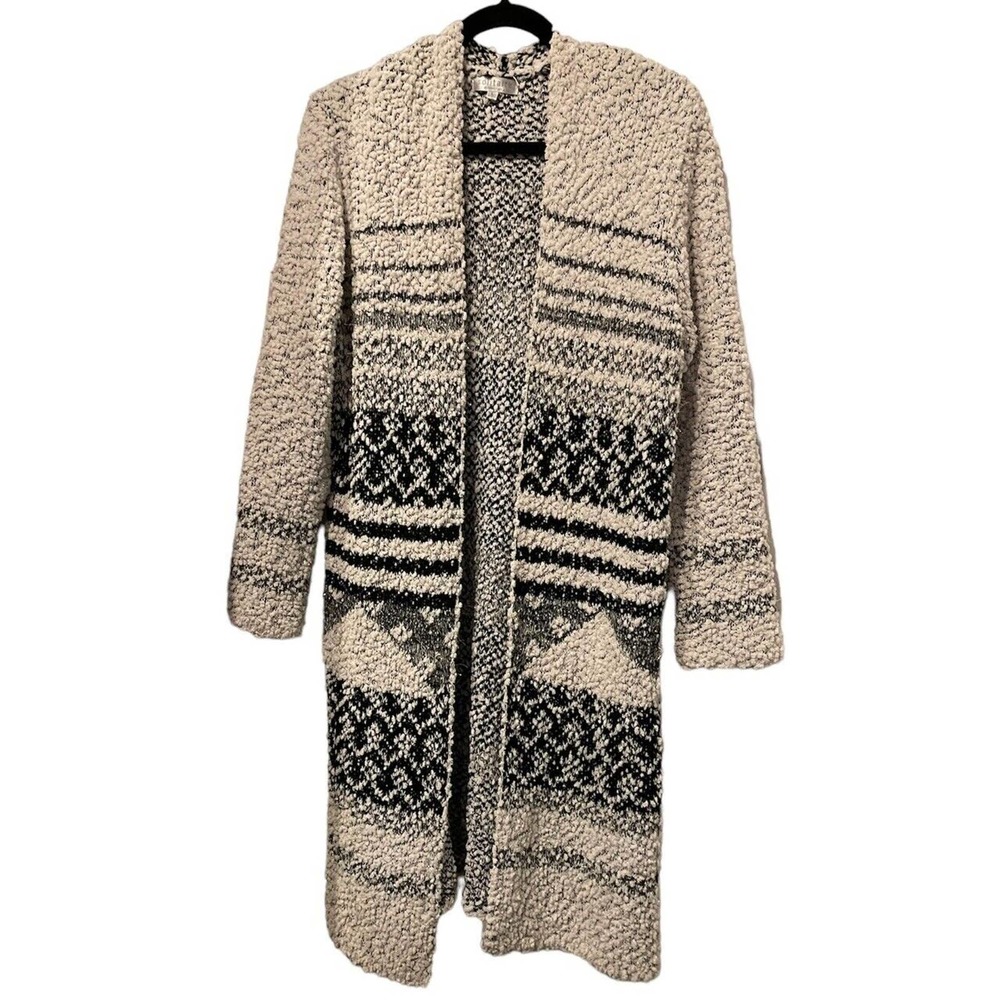 Solitaire By Ravi Khos LA Size Lar. Open Front Long Cardigan Sparkle Cream & Blk - Picture 1 of 9